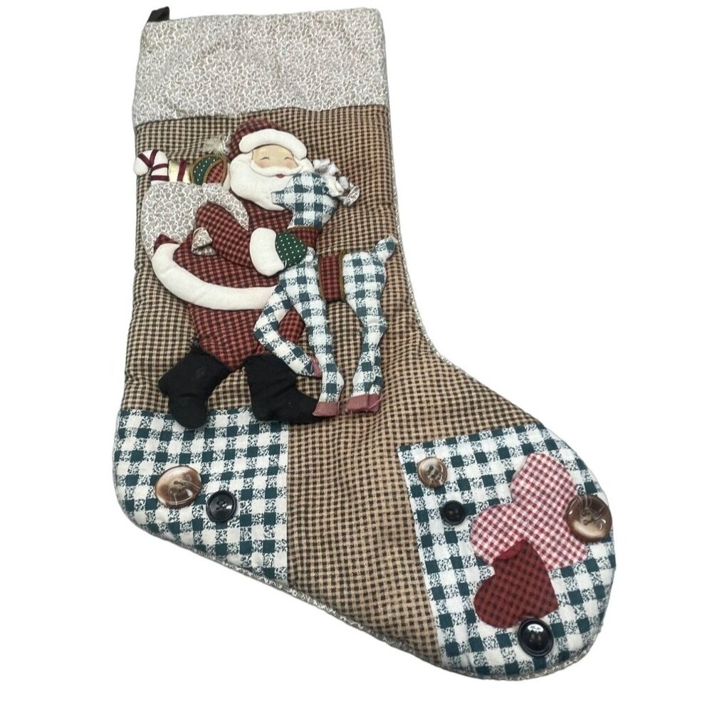 vintage Christmas stocking plaid brown Santa reindeer button candy cane READ